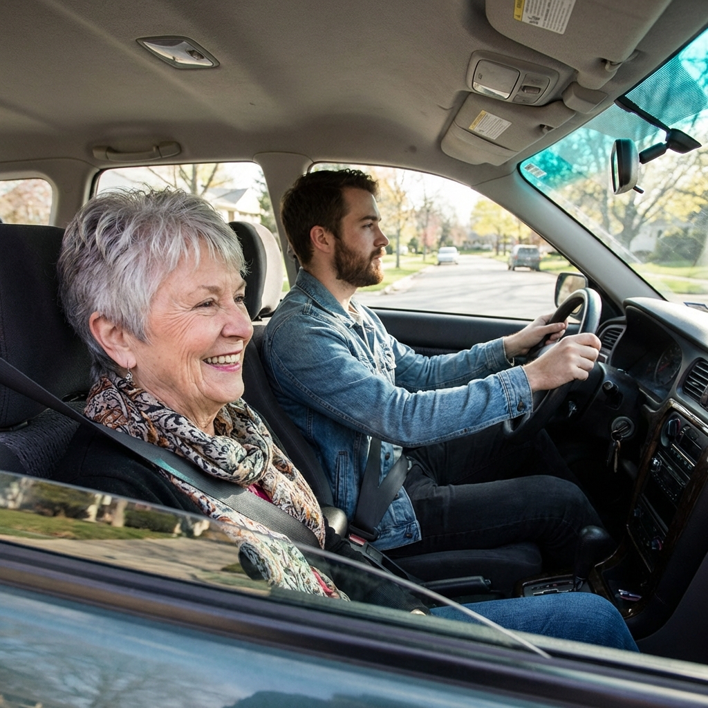 Man driving a car with an older woman family member