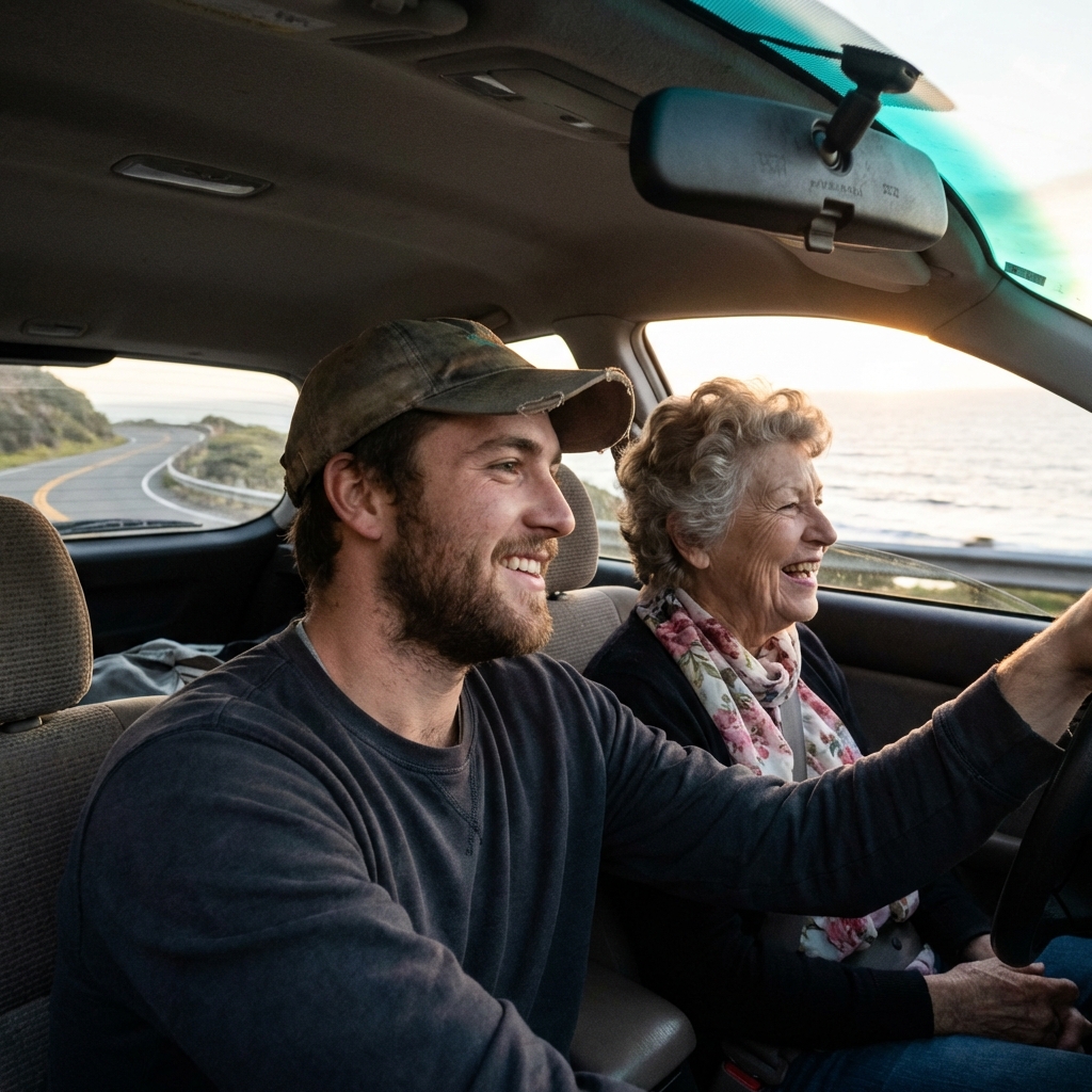 man driving a car with his older relative